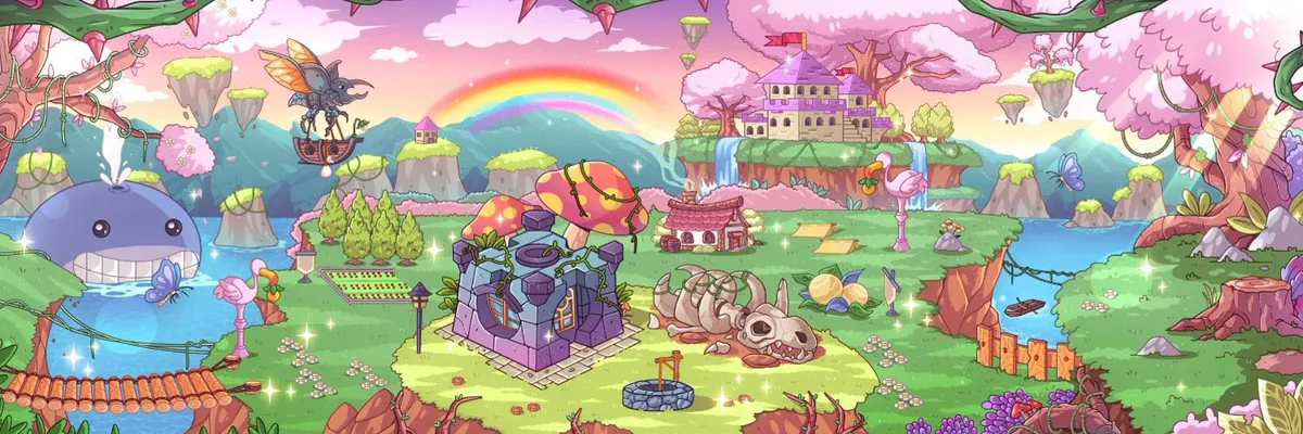 Pastel Alpha world: floating islands, a castle, a whale and a rainbow